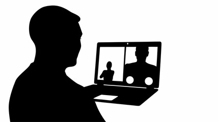 Silhouette of a person using a laptop for a video call with two other people displayed on the screen
