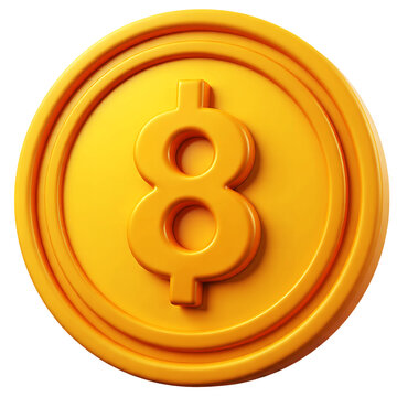A single golden coin with an eight symbol in the center on transparent background