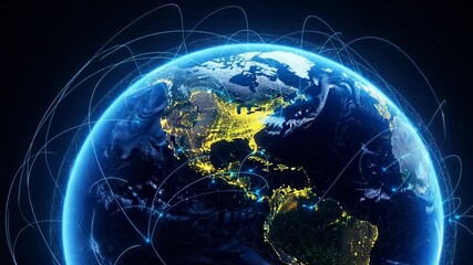 Poster - The glowing earth from space is crisscrossed by a luminous blue network of global connections, symbolizing worldwide communication