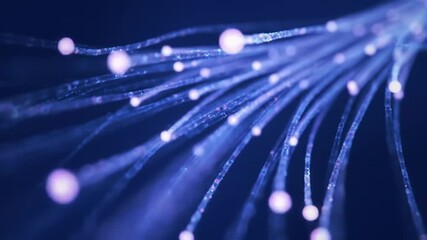 fiber optic data, Glowing blue fiber optic cables transferring light in dark background showing high speed internet network technology and futuristic communication system