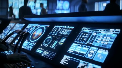Futuristic, illuminated control panel displays glowing schematics in shades of blue
