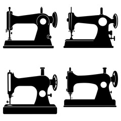 Four vintage sewing machines in black silhouette on a white background in a square arrangement design