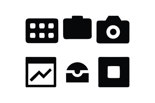 Collection of six black ui icons representing apps and functions on a white background