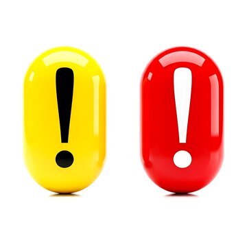Two glossy exclamation marks one yellow one red on white background symbol punctuation