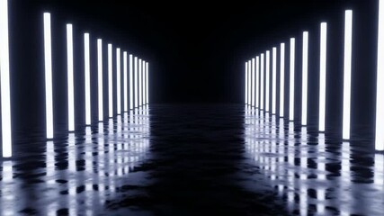 Poster - A dark futuristic hallway with glowing white lights and reflections on the wet floor