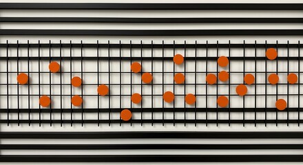 Aufkleber - A black grid with horizontal lines and orange circular pieces attached to the grid in an abstract design