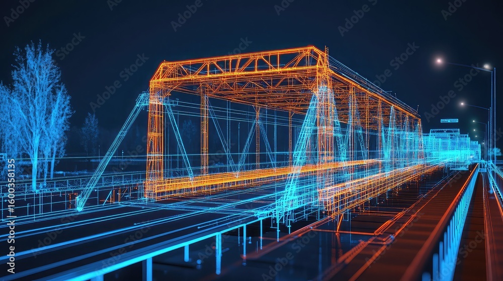 Augmented CAD model of bridge structure showing cross-sections, stress ...