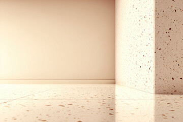 Aufkleber - Terrazzo flooring interior corner with smooth beige wall, modern minimalist style, natural light reflection, clean and calm atmosphere, contemporary architecture