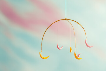 Aufkleber - Minimalist mobile with crescent shapes in yellow and pink gently hanging against soft pastel blue and pink background, evoking calm and dreamy atmosphere