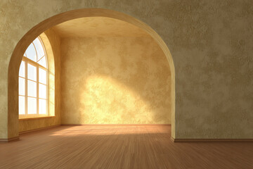 Aufkleber - Sunlit arched alcove with textured neutral walls and wooden floor, warm natural light streaming through large window creates peaceful, minimalist interior atmosphere