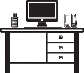 Poster - Black vector icon of a desk with computer and supplies monitor calculator