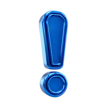 Shiny blue exclamation mark symbol with glossy texture isolated on transparent background