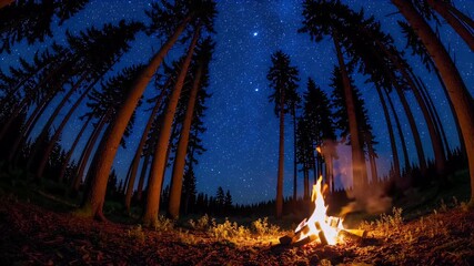 Wall Mural - Immersive 4K time lapse animation nighttime forest campsite glowing fire towering trees twinkling stars above evoking peace wonder outdoor