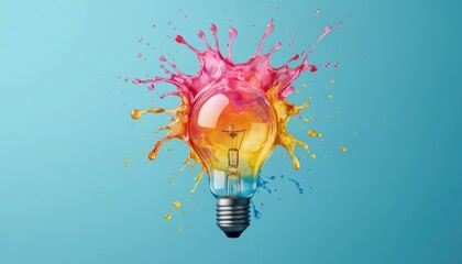 Poster - Vibrant liquid splashes around glass lightbulb, creative thinking, innovation. Colorful paints in yellow, orange, pink, blue erupt from bulb. Modern graphic illustration represents bright ideas, new
