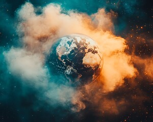 Wall Mural - A rendered planet earth shrouded in cosmic nebulous clouds of space