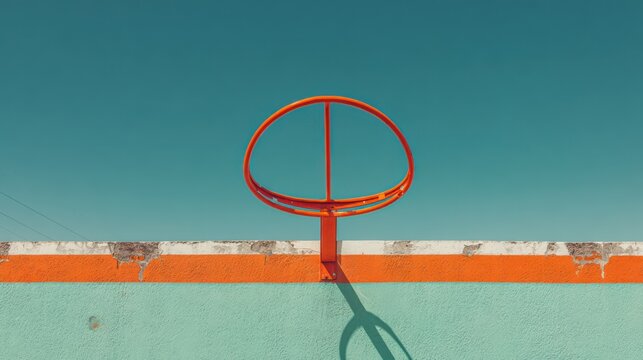Bold orange hoop on a seafoam green wall, wide view under a cloudless sky, bright sunny vibe, cinematic light