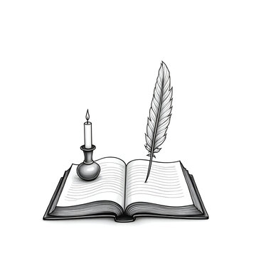 old book with feather pen and candle vector line art on copy space white background/ open book and feather and ink 
