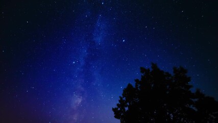 Wall Mural - milky way star-trails time-lapse long exposure photo with countryside mountain hilly silhouettes.