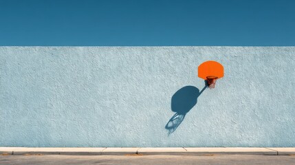 Poster - Minimalist pastel wall with a single orange basketball hoop, captured in full sunlight, bold and modern composition