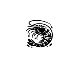 Poster - A stylized shrimp illustration in black and white with curled tail design
