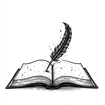Vector drawn feather pen with open book with copy space white background, minimalist line art of book with feather pen