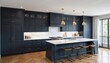 © Vadym - Contemporary kitchen features deep navy blue cabinets contrasted by white quartz marble counters, warm golden maple wood flooring. Three bronze pendant lights illuminate island, grey walls, high-end