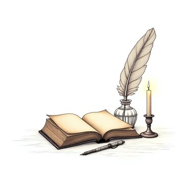 old book with feather pen and candle vector line art on copy space white background/ open book and feather and ink 