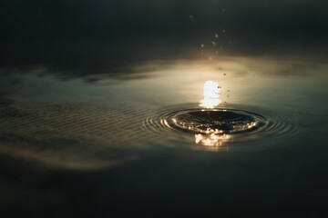 Poster - Radiant sun reflection on water surface with droplets creating ripples during late afternoon