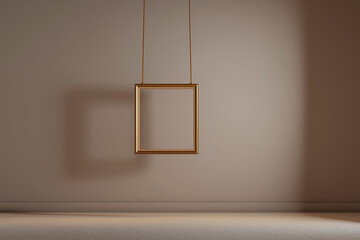 Fototapete - A single 3D minimalist photo frame with nothing inside hanging on a smooth wall symbolic of forgotten memories emotional emptiness soft focus and lighting