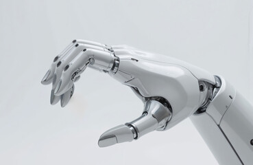 Poster - Futuristic robotic hand made of white chrome material. Advanced machine exhibits sleek, elegant, seamless design with precise detail. Isolated on clean white background, artwork signifies innovation