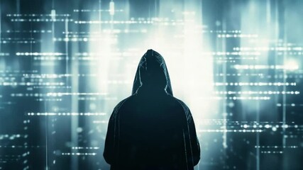 Poster - A hooded figure stands before a backdrop of digital code