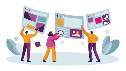 People collaborating on web design holding website mockups and tablet for feedback and development