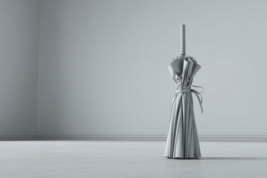 3D minimalist umbrella tightly folded and tied placed upright on a light gray floor symbolic emotional defense or guarded feelings soft lighting clean space