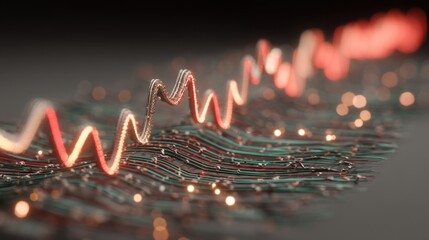 Poster - Glowing energy pulse flowing through a layered piezoelectric material, illustrating the potential of cardiac patches to generate energy from heartbeats