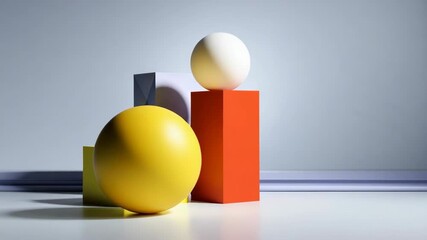 Poster - A collection of geometric shapes and a ball are arranged on a table. The shapes are of different sizes and colors, and the ball is yellow. The arrangement creates a sense of balance and harmony