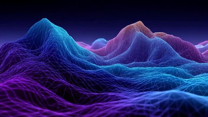 Poster - A mountain range with purple, blue, and orange peaks. The mountains are in a computer generated image