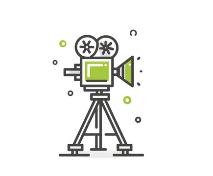 Vintage film camera icon with tripod stand, featuring green and black accents, rendered on transparent background