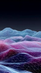 Poster - A colorful mountain range with a blue and purple sky. The mountains are made up of a series of triangles and the sky is filled with stars