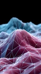 Fototapete - A mountain range with a blue and pink color scheme. The mountains are made up of lines and dots, giving the impression of a computer-generated image. Scene is one of wonder and awe