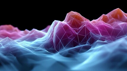 Fototapete - A colorful mountain range with a blue background. The mountains are made up of a series of triangles and are in various shades of blue, purple, and pink. Scene is one of serenity and tranquility