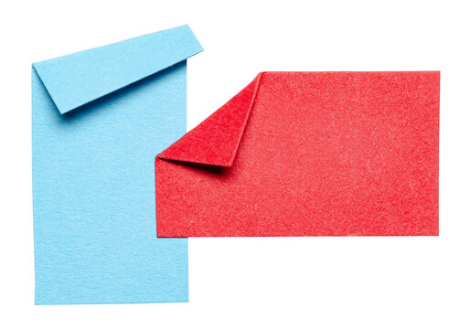 Two blue red overlapping isolated cut out blank paper notes cardboard with folded corner dog-ear earmark and copy space for text, transparent png background design element
