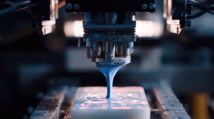 Poster - Industrial robotic arm meticulously applies layers of blue electroceramic ink onto a white rectangular surface, demonstrating fluid dynamics and fine control in a manufacturing process