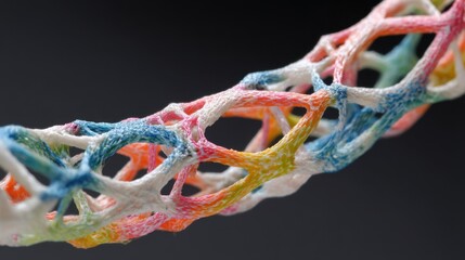 Poster - Flexible, multicolored 4d printed medical stent displaying intricate multilayered structure with color variations indicating designed flexing zones against neutral background