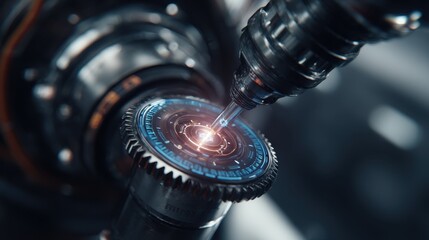 Poster - Advanced robotic arm uses high speed micro hammers, impacting a rail surface with precision, improving structural integrity and demonstrating futuristic industrial processes