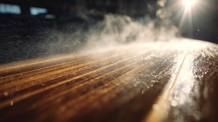 Poster - Polished bamboo graphene surfboard glistens under the industrial lights of a steaming autoclave, showcasing advanced manufacturing techniques blending nature and technology