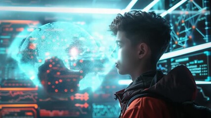 Poster - Teenager in futuristic environment with holographic projection