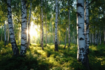Wall Mural - sunlight shines through a dense birch forest on a bright summer day. perfect for use in nature scene