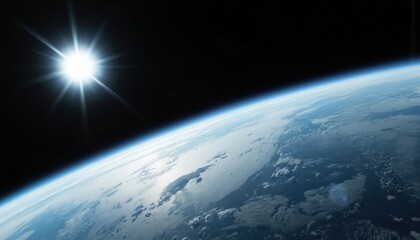 Wall Mural - Cinematic wide shot from space showing Earths blue horizon against black sky. Bright sun shines from upper left corner. Realistic view of planet atmosphere and clouds, celestial body.