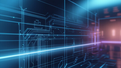 Wall Mural - Abstract digital circuit board illuminated with blue and pink neon light, showcasing a futuristic technological design.