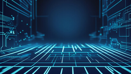 Wall Mural - Abstract blue digital circuit board design with glowing lines and geometric patterns, suggesting technology, data flow, and connectivity.